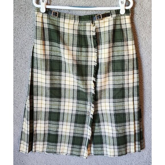 O’Neil Of Dublin Womens 100% Pure Wool Pleated Skirt Kilt White/Green Plaid 10 - Picture 1 of 13